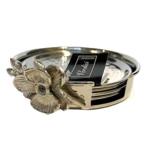 Verdici Design Silver Tone Flower Coaster Holder 4 Coasters Floral Shiny Italian - Picture 3 of 16